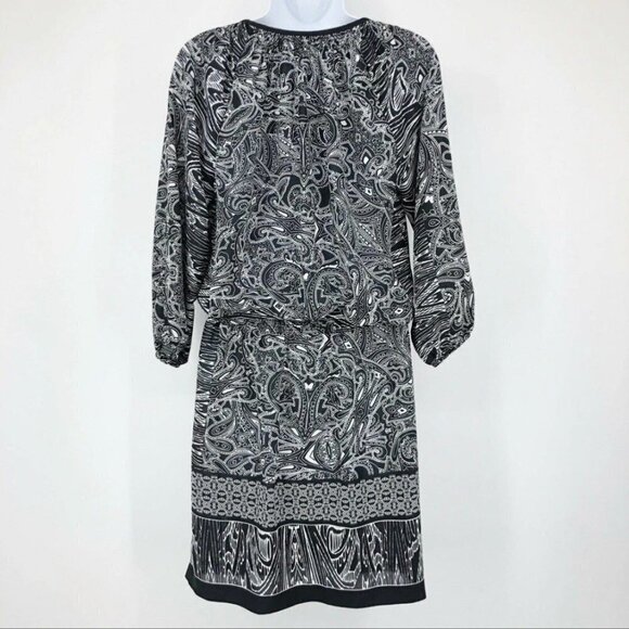 Cache Women’s Blouson Dress  Size M Paisley Print Black & White Button Up V Neck - Picture 9 of 10